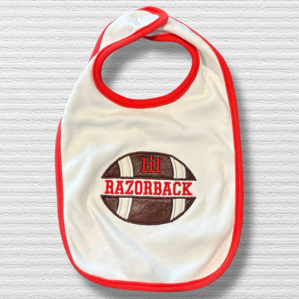 Arkansas “Lil Razorbacks” Embroidered Football Bib With Red Trim NWOT